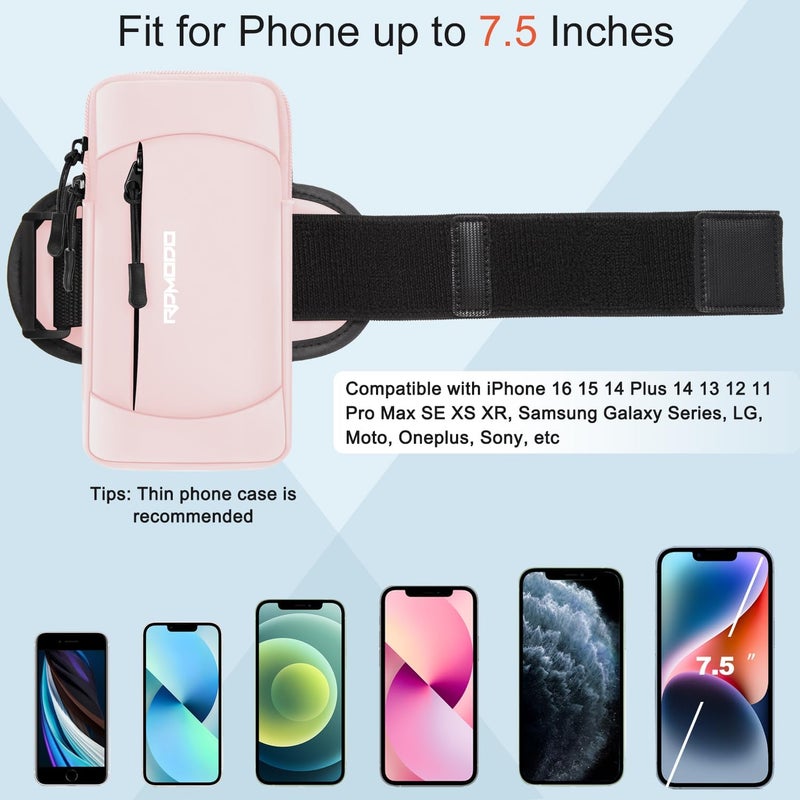 RDMODO Running Armband Phone Holder for iPhone 16 15 14 13 12 Pro Max Samsung Galaxy Ultra，Waterproof Phone Arm Bands for Running Jogging，Lightweight Gym Cell Phone Holder for Women Men 7.5 Inch（Pink） - Image 3